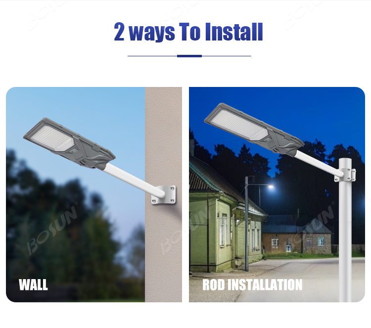 technicians installing integrated solar street light on pole