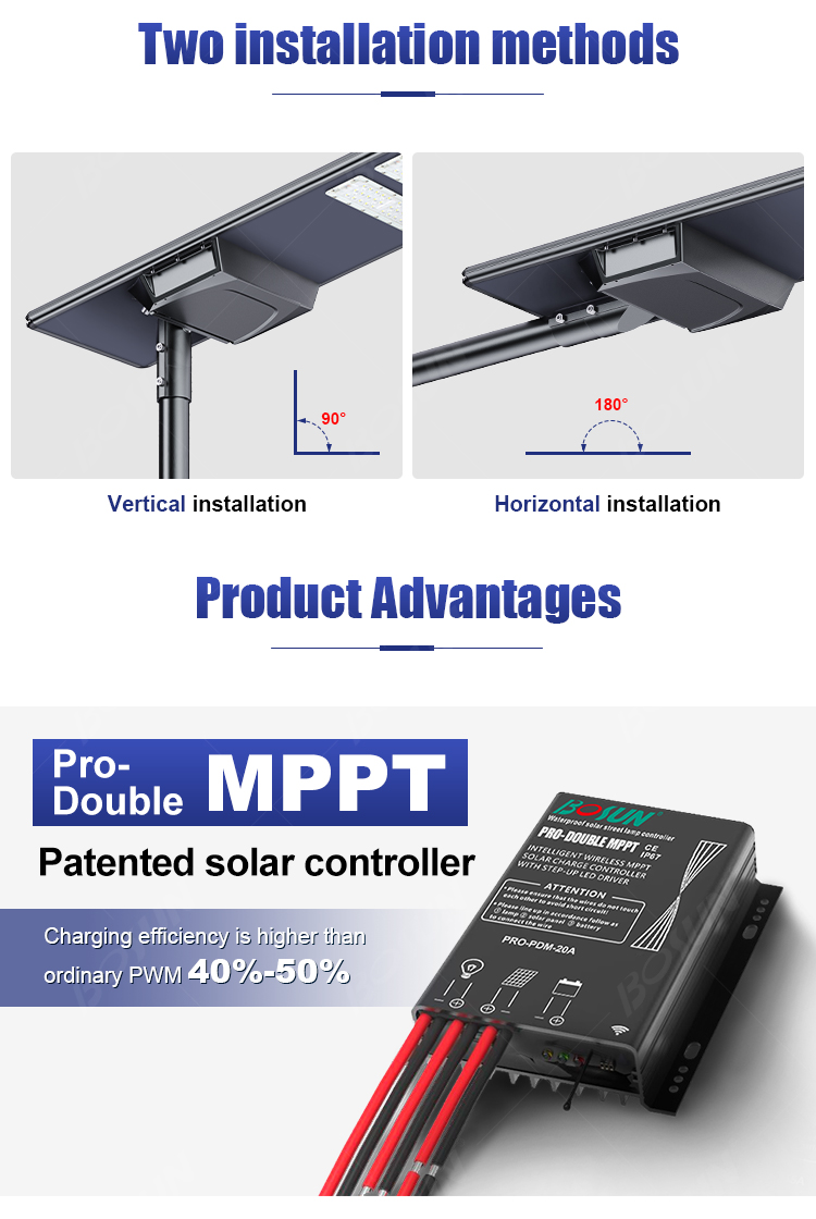 The integrated solar street light features adjustable angles and is equipped with an MPPT solar controller.